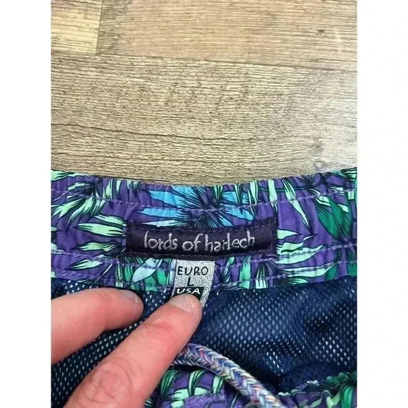 Lords Of Harlech Quack Leaves Swim Shorts Green Purple Men's L Mesh Lined - Picture 3 of 12